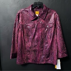 NWT Ruby Rd Woman Sz 20 W Full Zip Maroon Black Gator Jacket 3/4 Sleeve Collared